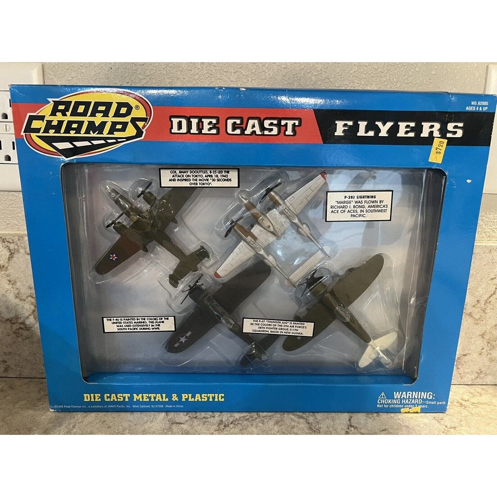 Vtg NIB Road Champs Flyers 4 pc Die Cast Collection - B-25 P-38J P-47 F-4U